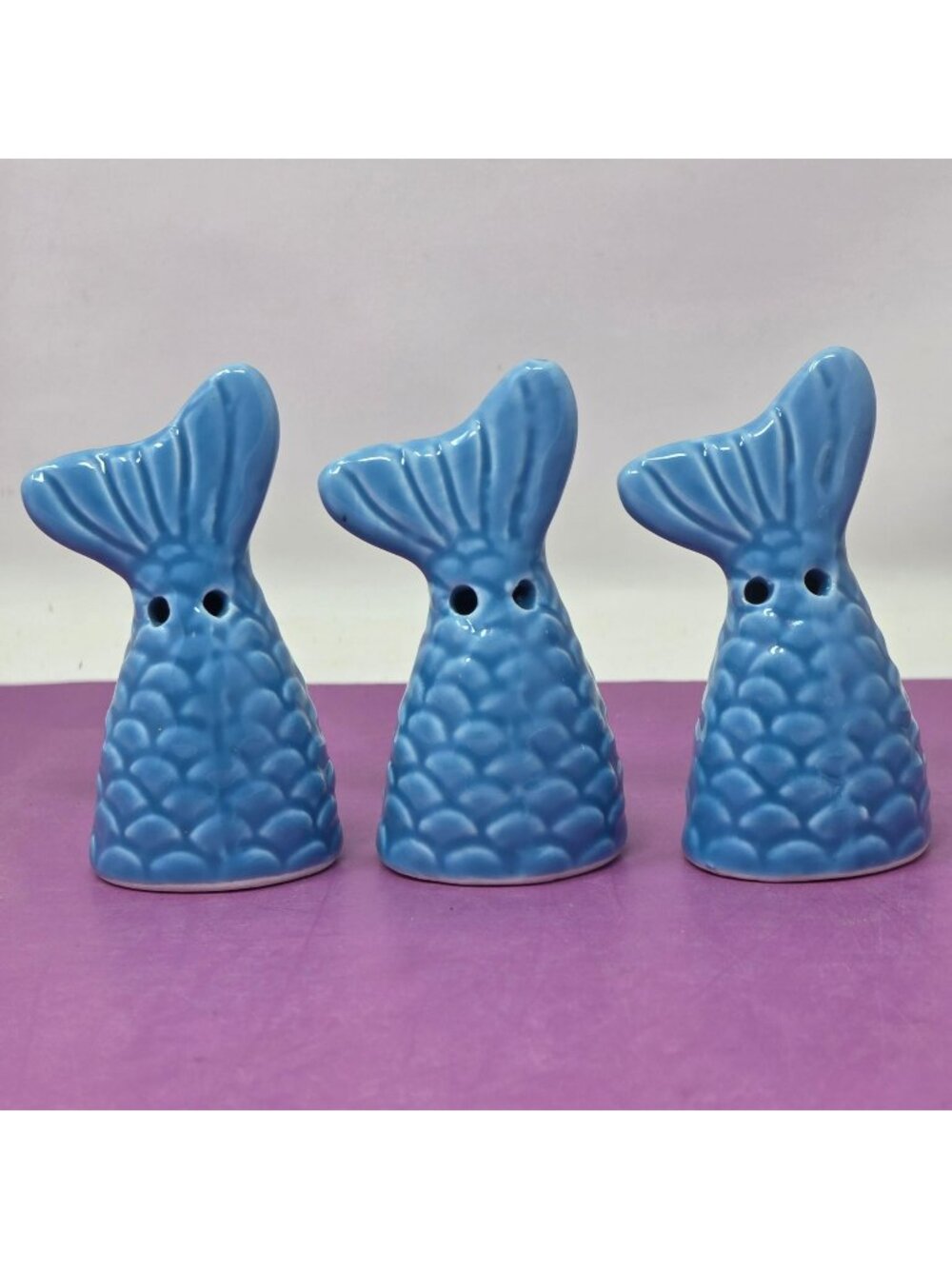Set Of 3 Blue Ceramic Mermaid Tail Salt & Pepper Shakers Coastal Kitchen Decor